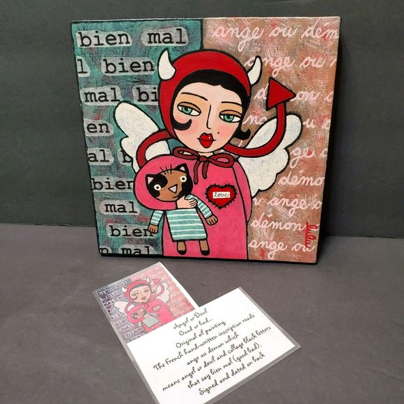 Original Oil Painting by LuLu Angel or Devil Signed with card description 8